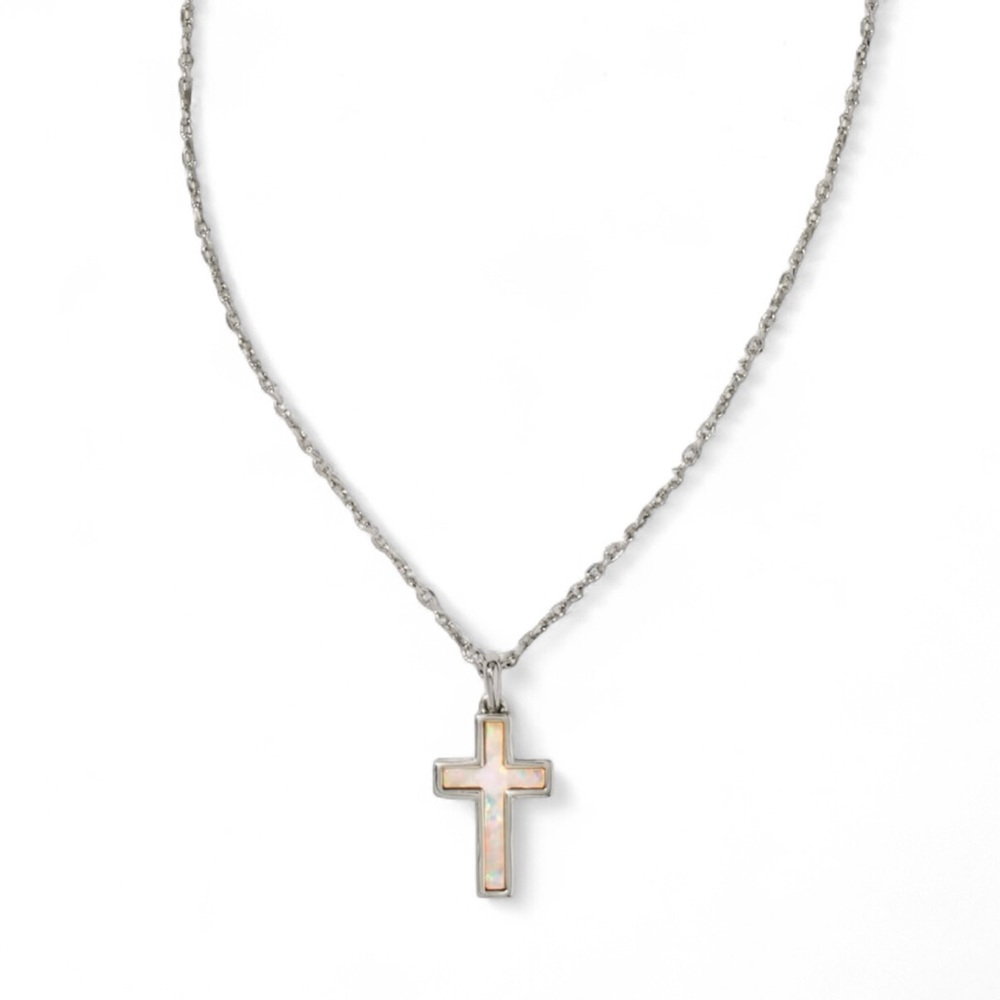 Kendra Scott Cross Silver Pendant Necklace in White Lab Grown Opal